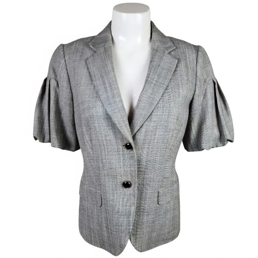 Banana Republic Puff Sleeve Fitted Blazer Wool Tweed Black Cream Size 6
